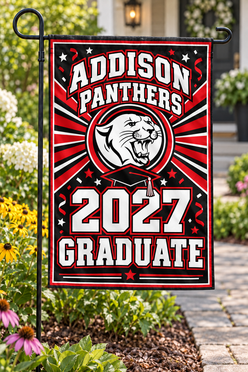 Addison Panthers 2027 Graduate 12 by 18 inch garden flag styled mockup; display hardware not included