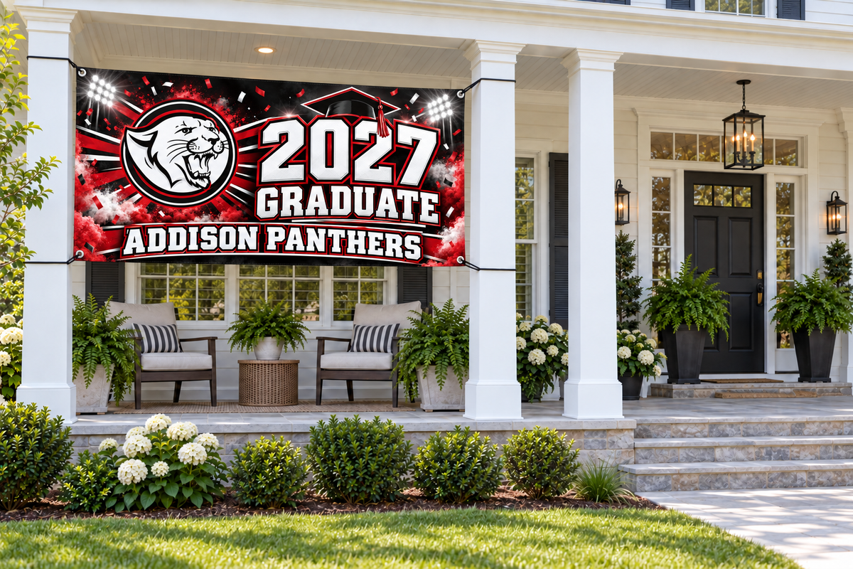 Addison Panthers 2027 Graduate stadium design 4 by 8 foot banner styled mockup; display hardware not included