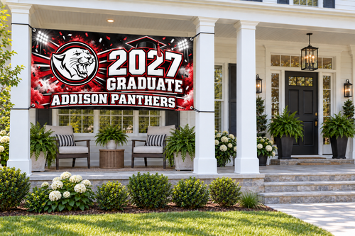Addison Panthers 2027 Graduate stadium design 4 by 8 foot banner styled mockup; display hardware not included