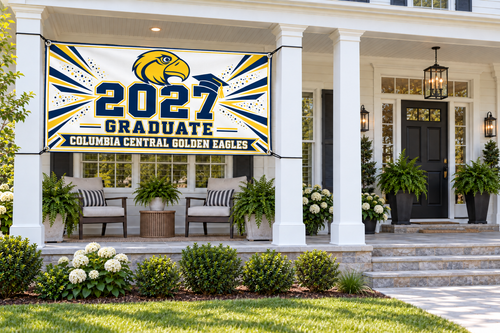 Columbia Central Golden Eagles 2027 Graduate classic design 4 by 8 foot banner styled mockup; display hardware not included