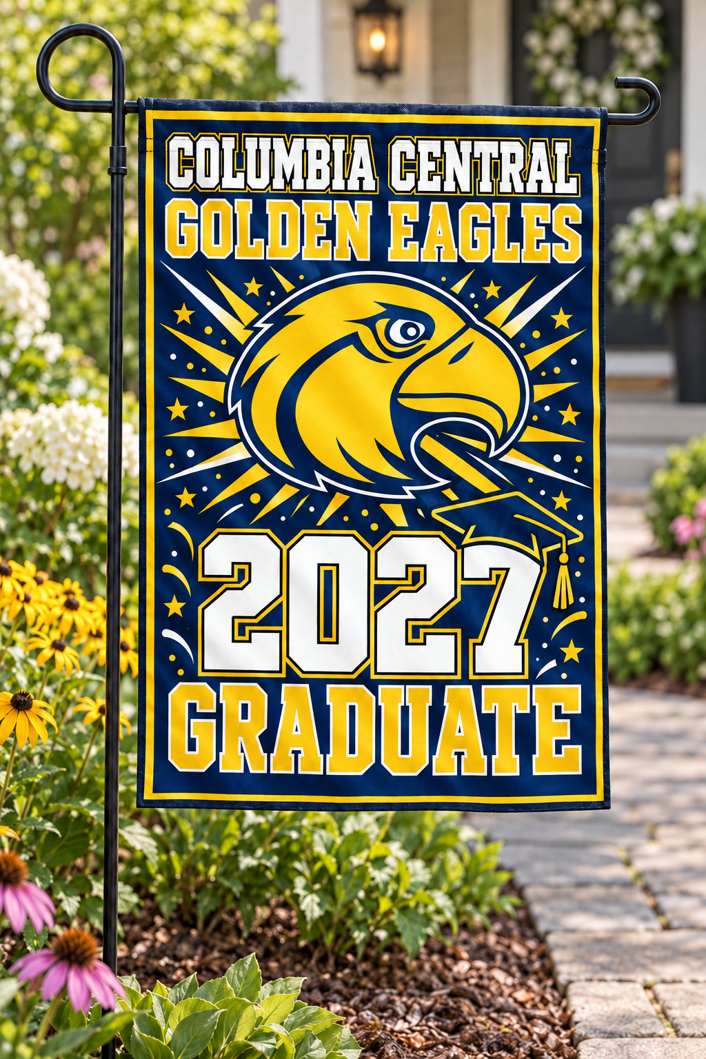 Columbia Central Golden Eagles 2027 Graduate 12 by 18 inch garden flag styled mockup; display hardware not included