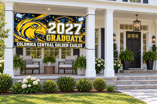 Columbia Central Golden Eagles 2027 Graduate stadium design 4 by 8 foot banner styled mockup; display hardware not included