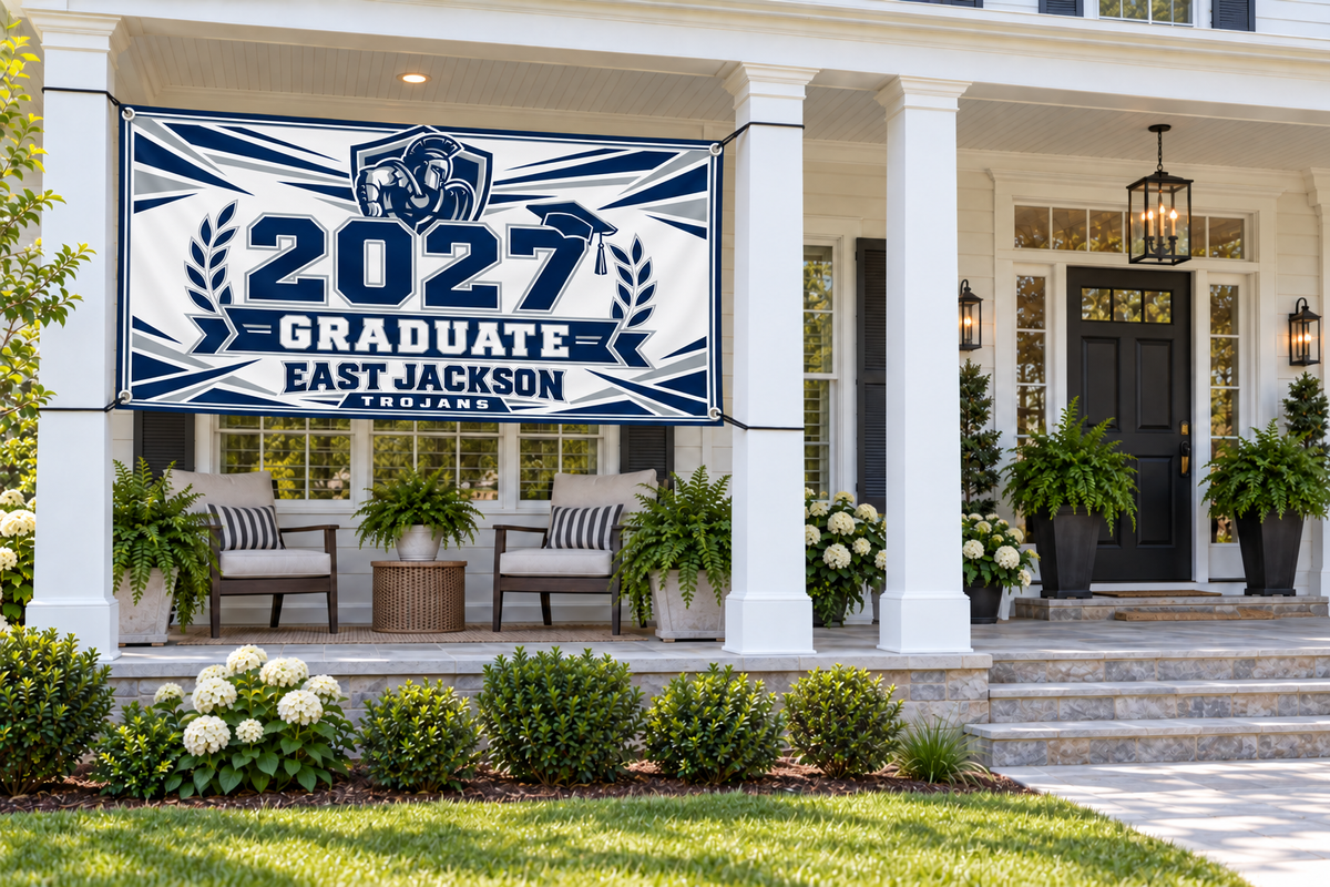 East Jackson Trojans 2027 Graduate 4 by 8 foot banner styled display mockup