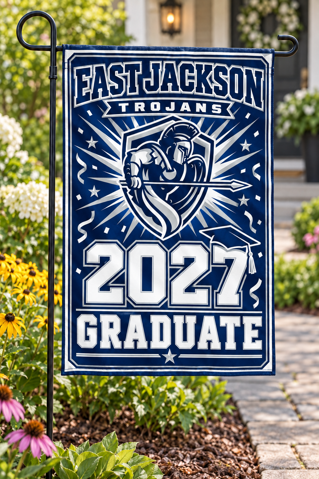 East Jackson Trojans 2027 Graduate garden flag styled display mockup