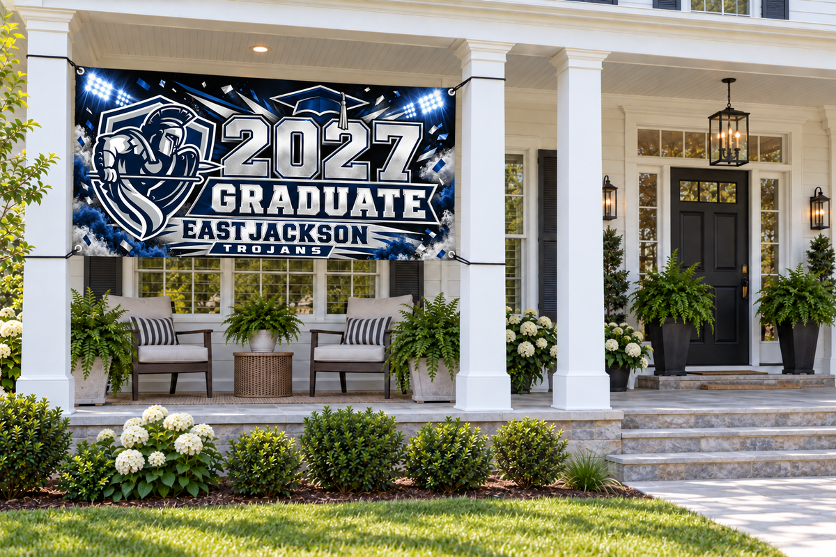 East Jackson Trojans 2027 Graduate 4 by 8 foot banner styled display mockup