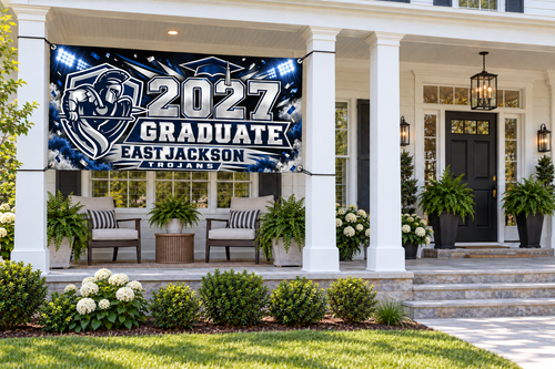 East Jackson Trojans 2027 Graduate 4 by 8 foot banner styled display mockup