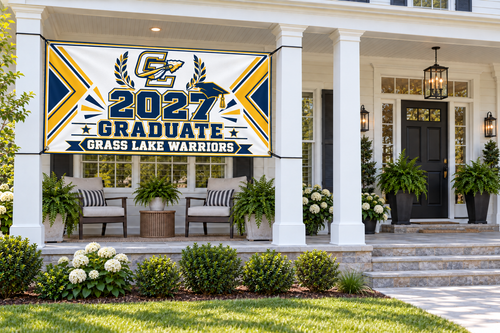 Grass Lake Warriors 2027 Graduate 4 by 8 foot banner styled display mockup