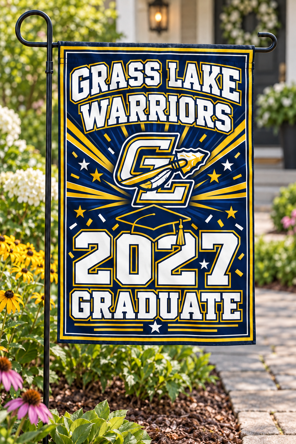 Grass Lake Warriors 2027 Graduate garden flag styled display mockup