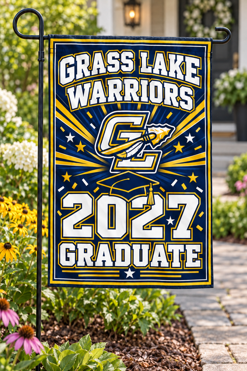 Grass Lake Warriors 2027 Graduate garden flag styled display mockup
