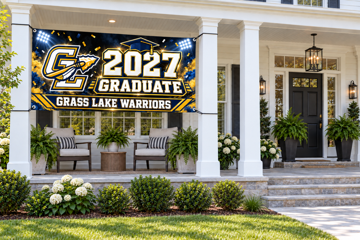 Grass Lake Warriors 2027 Graduate 4 by 8 foot banner styled display mockup