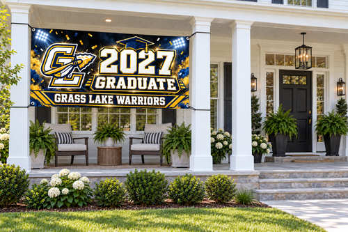 Grass Lake Warriors 2027 Graduate 4 by 8 foot banner styled display mockup