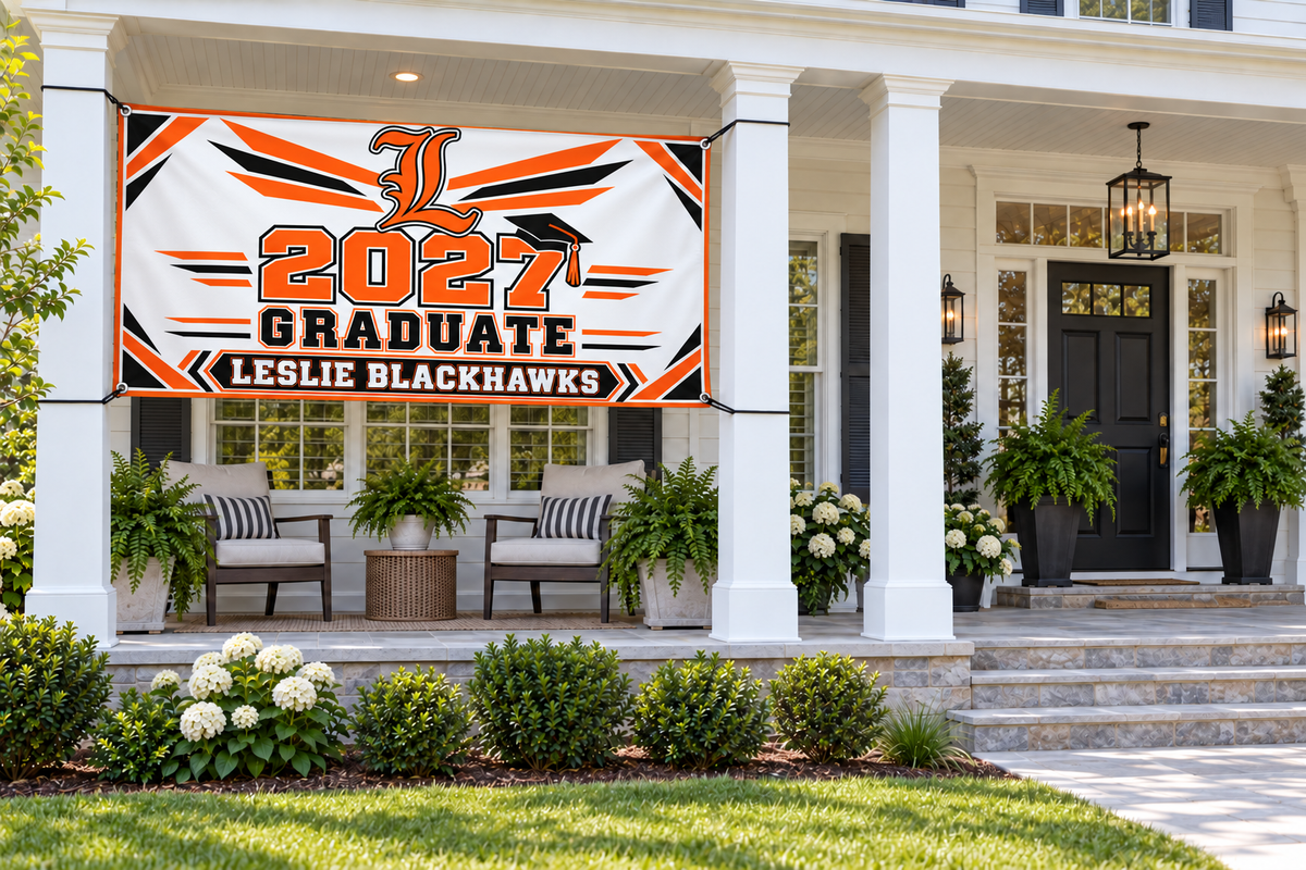 Leslie Blackhawks 2027 Graduate 4 by 8 foot banner styled display mockup
