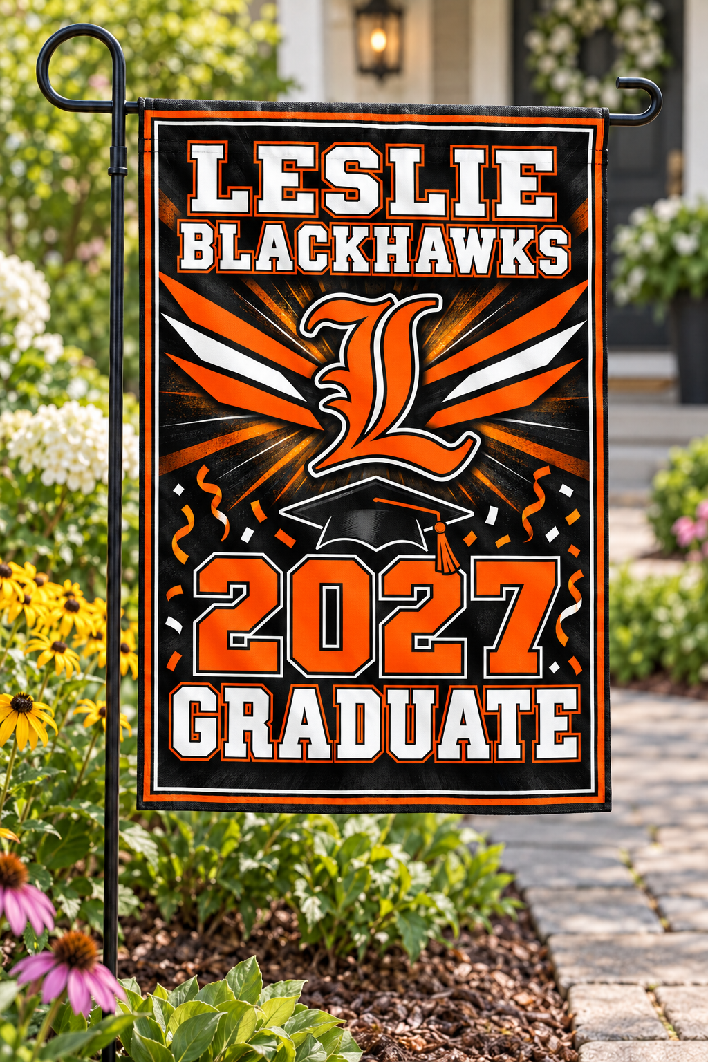Leslie Blackhawks 2027 Graduate garden flag styled display mockup