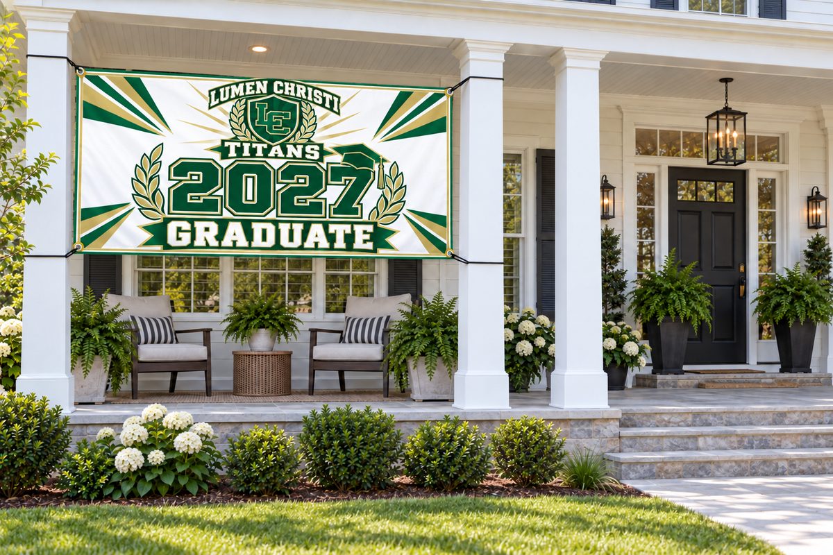 Lumen Christi Titans 2027 Graduate classic design 4 by 8 foot banner styled mockup; display hardware not included