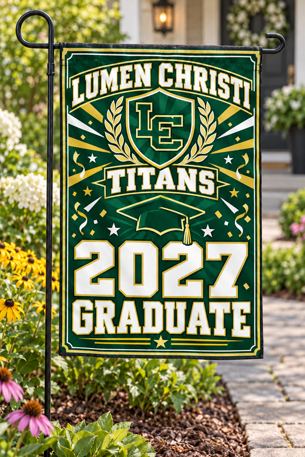 Lumen Christi Titans 2027 Graduate 12 by 18 inch garden flag styled mockup; display hardware not included