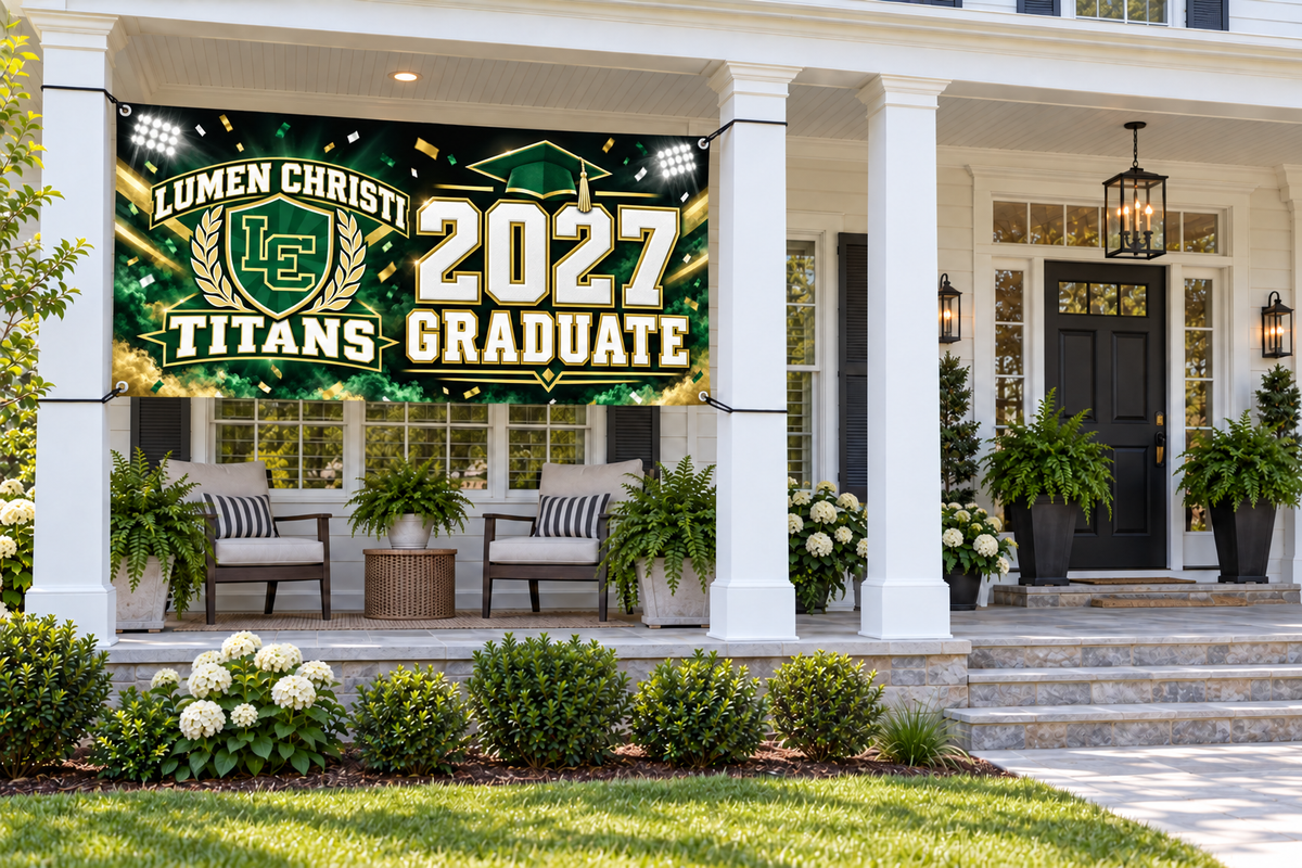Lumen Christi Titans 2027 Graduate stadium design 4 by 8 foot banner styled mockup; display hardware not included