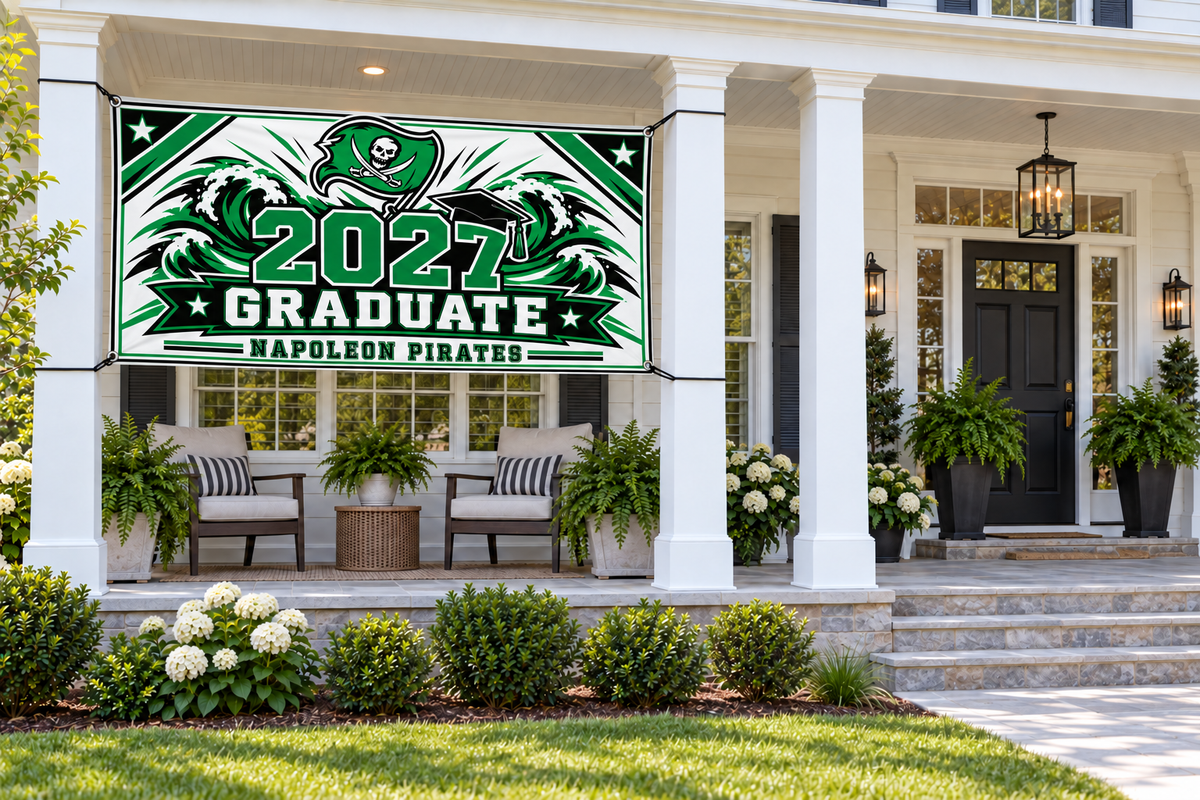 Napoleon Pirates 2027 Graduate 4 by 8 foot banner styled display mockup