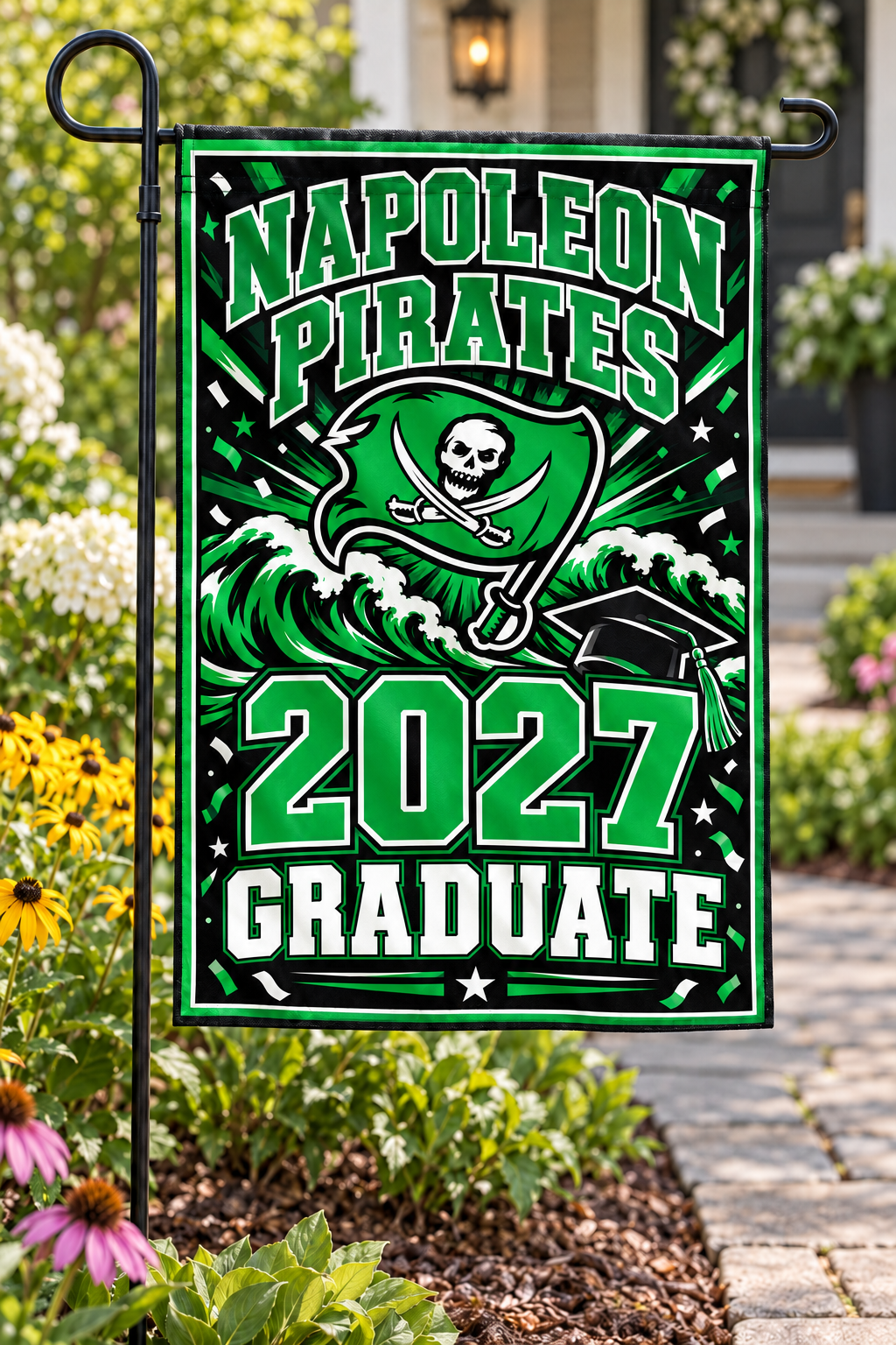 Napoleon Pirates 2027 Graduate garden flag styled display mockup