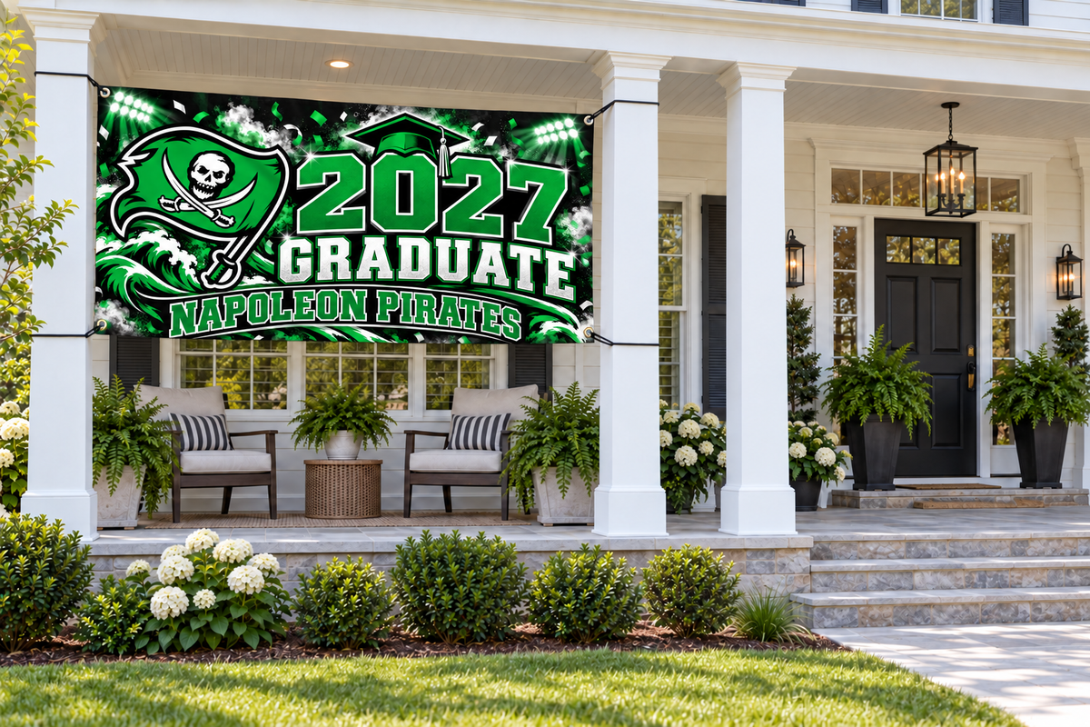 Napoleon Pirates 2027 Graduate 4 by 8 foot banner styled display mockup