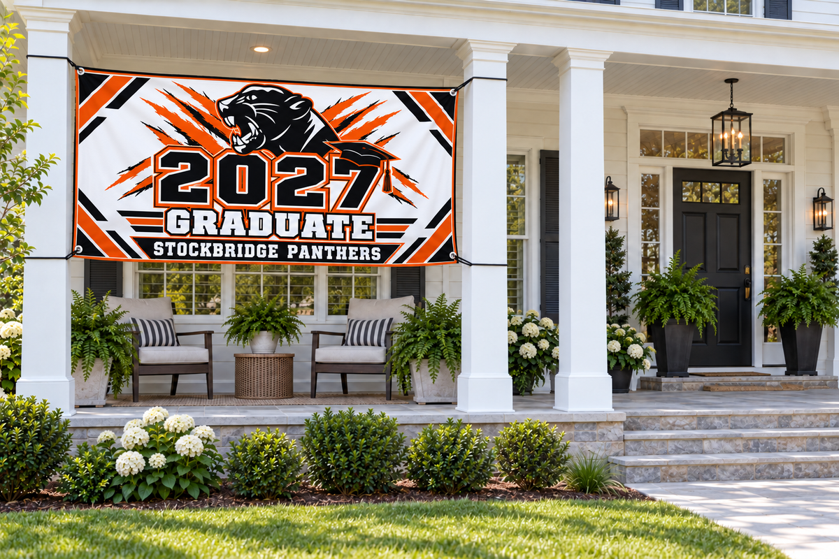 Stockbridge Panthers 2027 Graduate classic design 4 by 8 foot banner styled mockup; display hardware not included