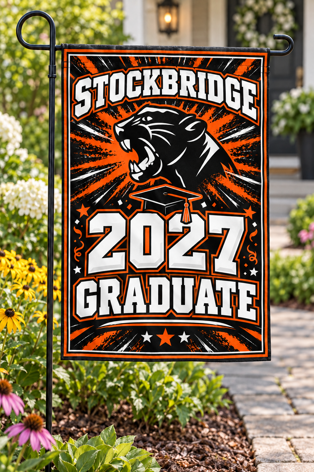Stockbridge Panthers 2027 Graduate 12 by 18 inch garden flag styled mockup; display hardware not included