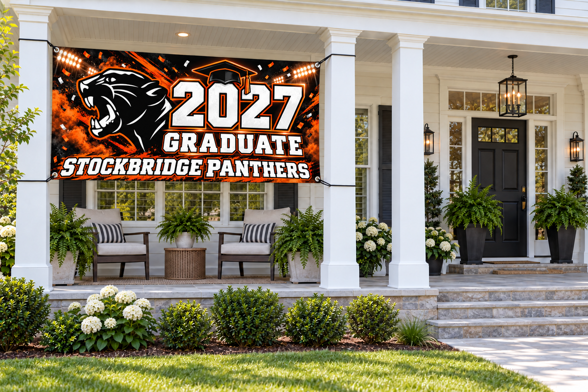 Stockbridge Panthers 2027 Graduate stadium design 4 by 8 foot banner styled mockup; display hardware not included
