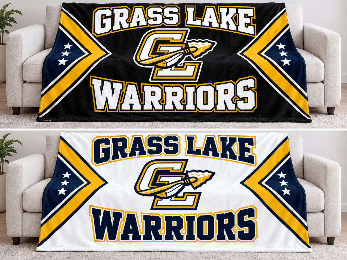Grass Lake Warriors 79 by 59 inch blanket mockups, black design above and white design below; choose one design