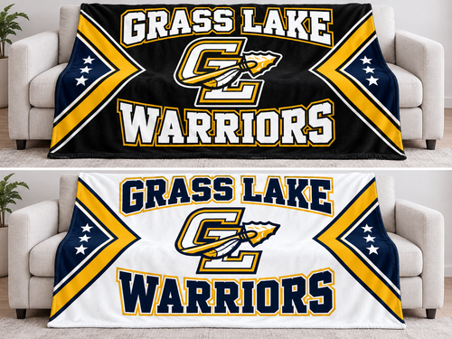 Grass Lake Warriors 79 by 59 inch blanket mockups, black design above and white design below; choose one design