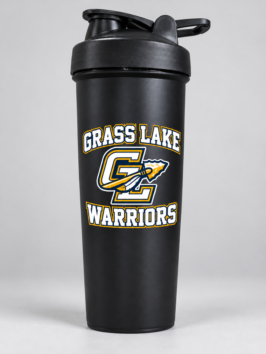 Grass Lake Warriors black shaker cup mockup; listing is a bulk pack of 120 matching cups