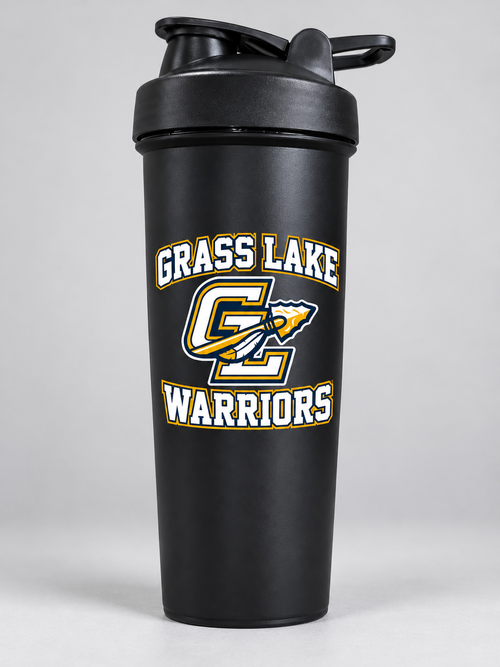 Grass Lake Warriors black shaker cup mockup; listing is a bulk pack of 120 matching cups