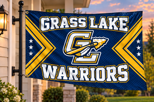 Grass Lake Warriors flag mockup with both left grommets clipped directly to house-mounted pole