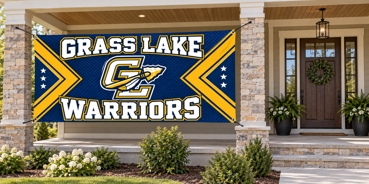 Grass Lake Warriors 4 ft by 8 ft banner mockup with four corner grommets in side porch bay, leaving entrance clear