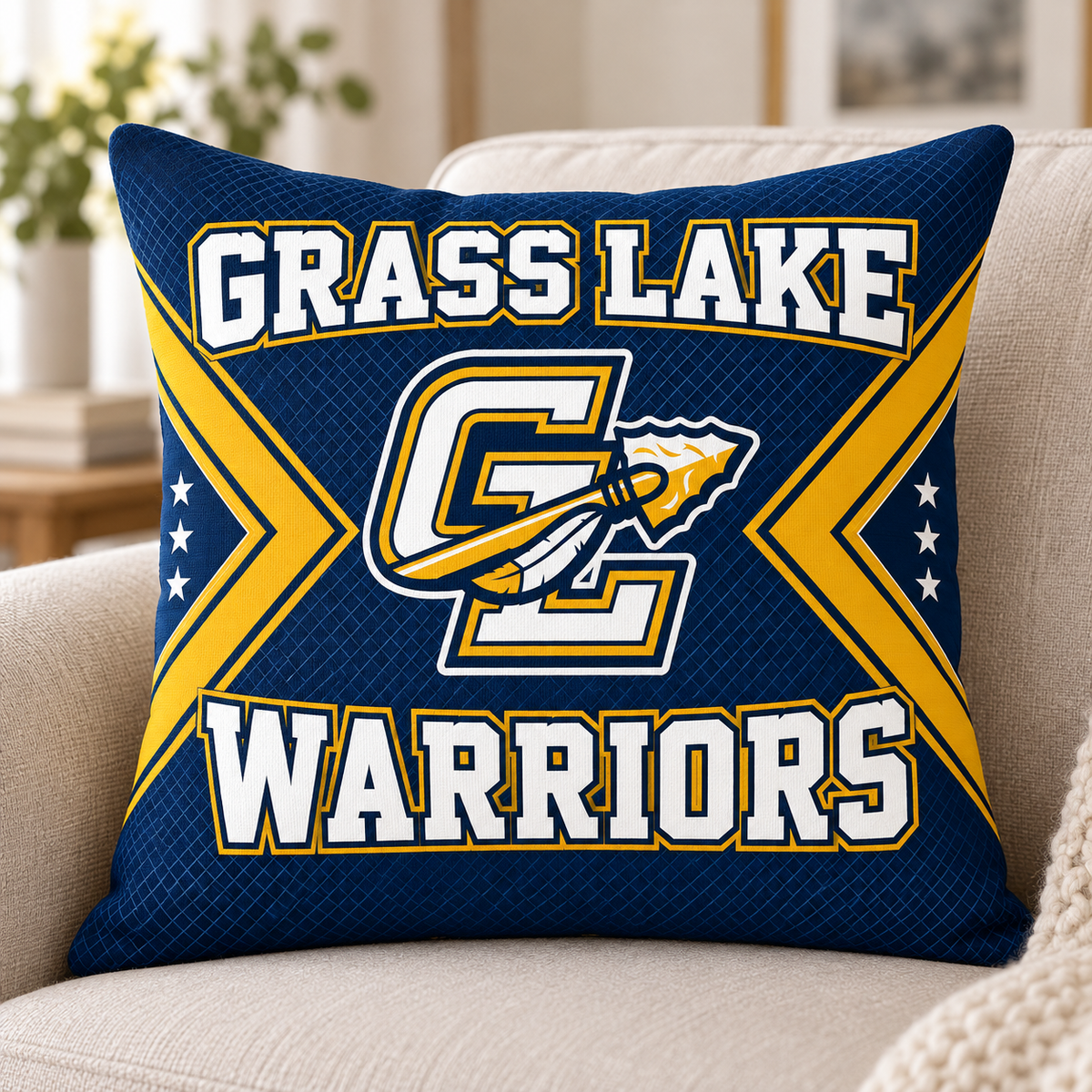 Grass Lake Warriors square pillow cover mockup shown on an insert; insert not included