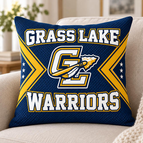 Grass Lake Warriors square pillow cover mockup shown on an insert; insert not included