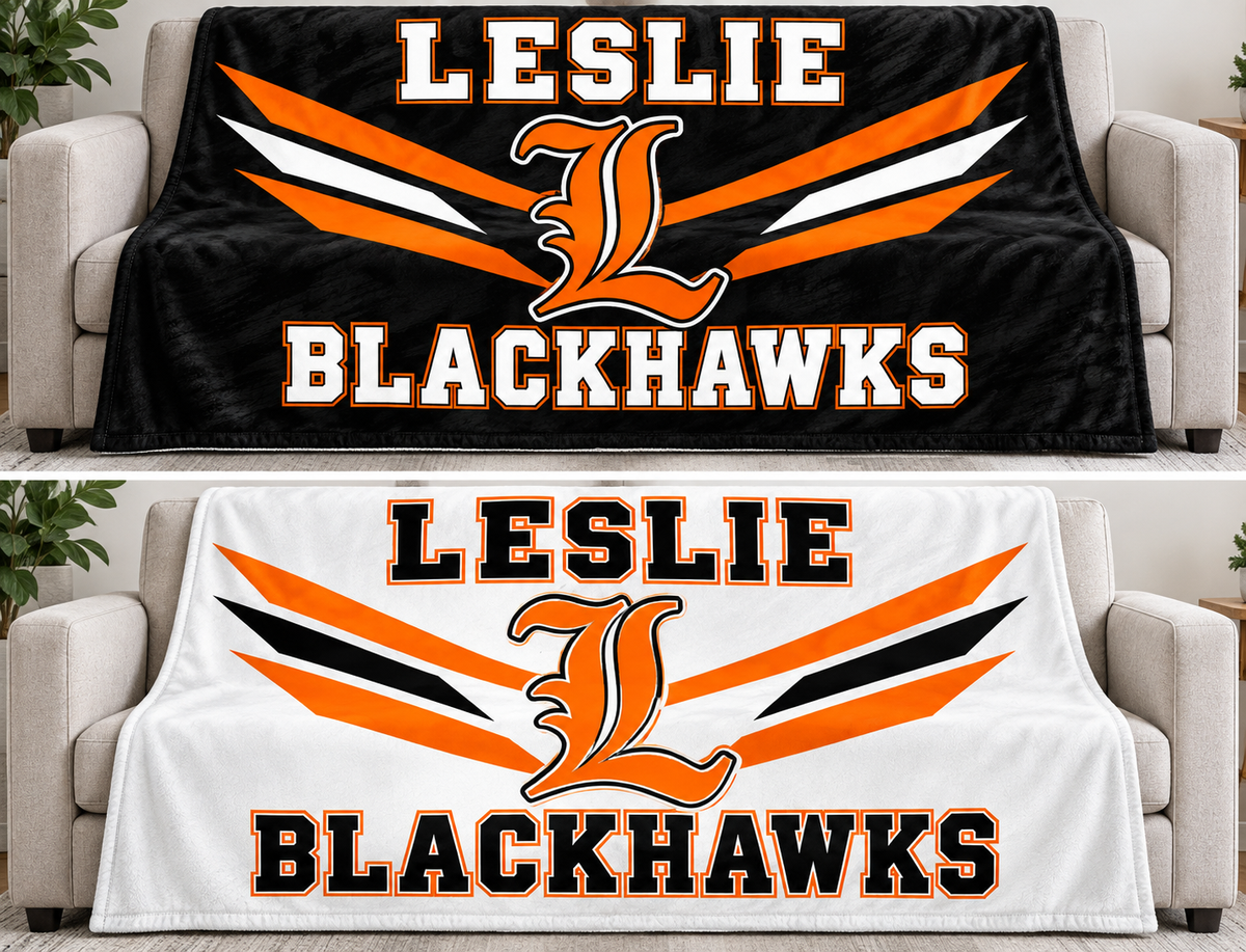 Leslie Blackhawks 79 by 59 inch blanket mockups, black design above and white design below; choose one design