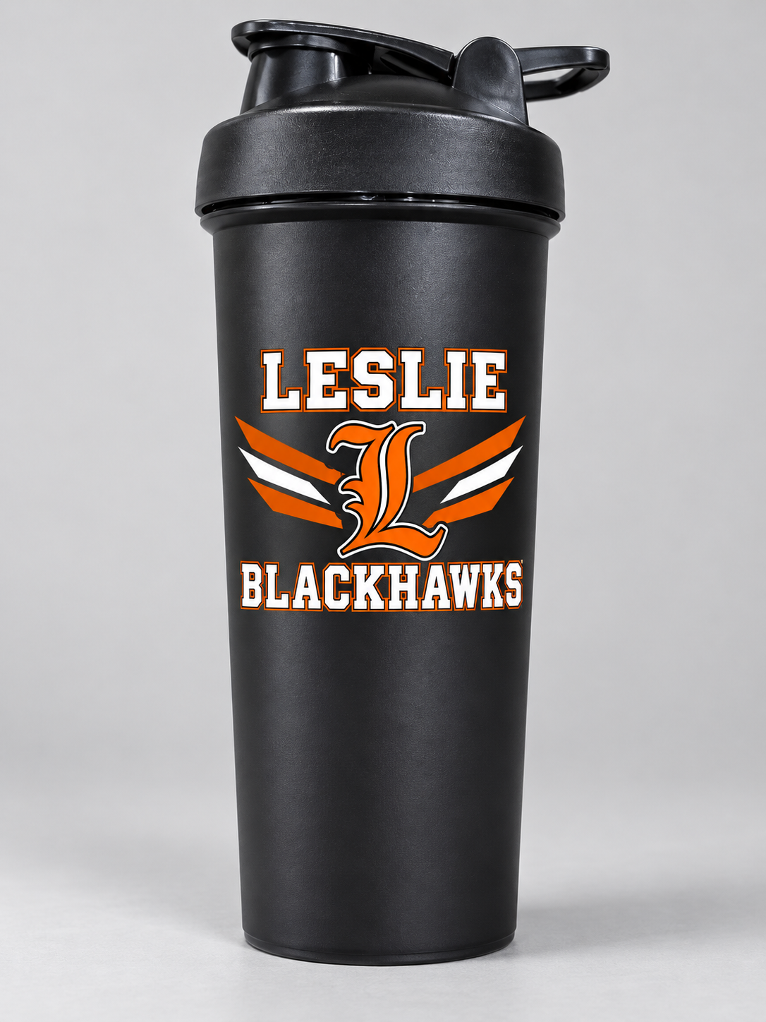 Leslie Blackhawks black shaker cup mockup; listing is a bulk pack of 120 matching cups