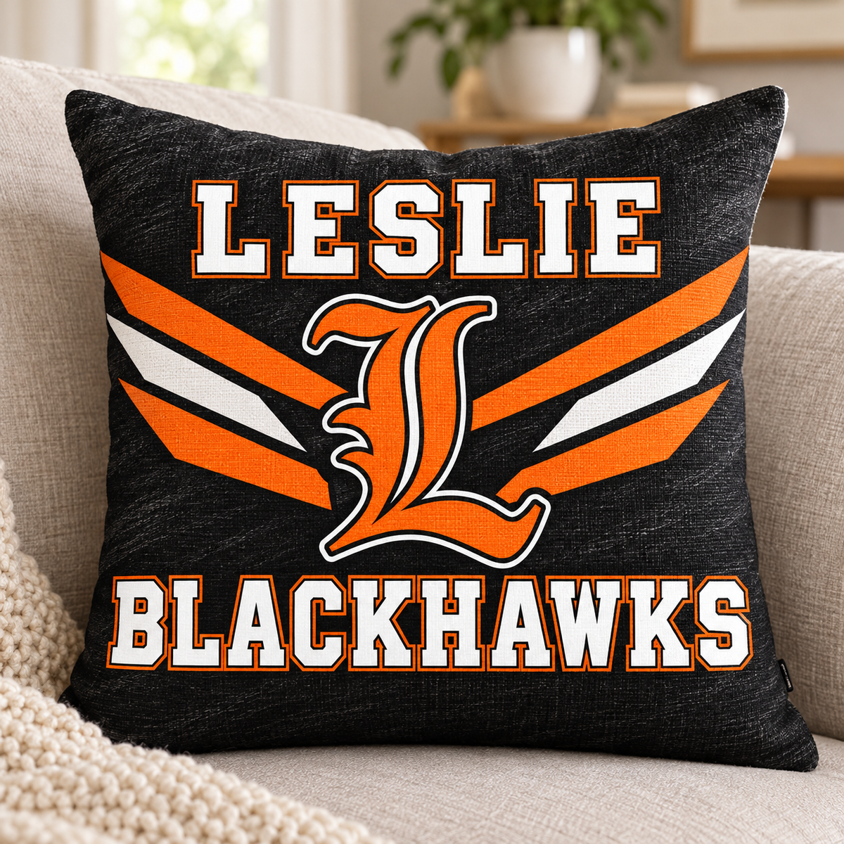 Leslie Blackhawks square pillow cover mockup shown on an insert; insert not included