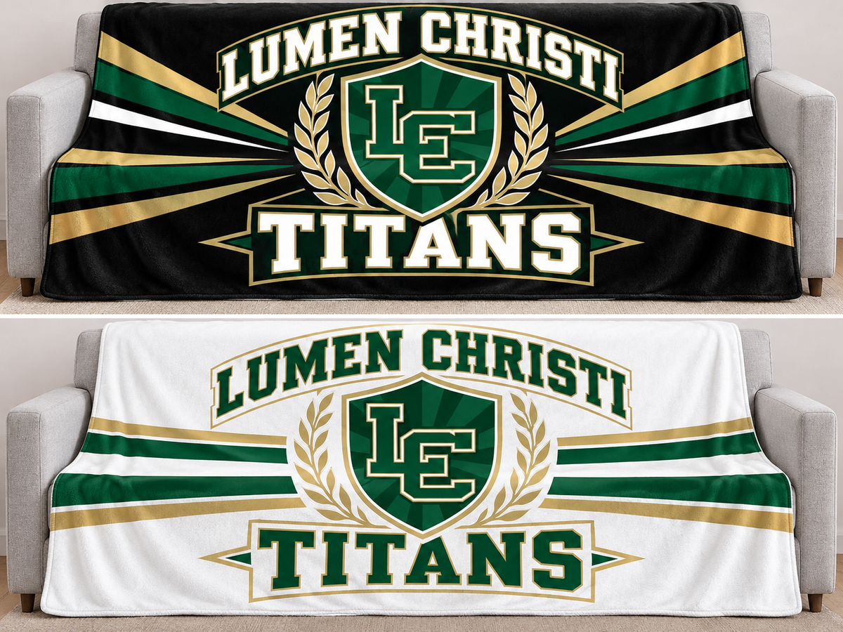 Lumen Christi Titans 79 by 59 inch blanket mockups, black design above and white design below; choose one design