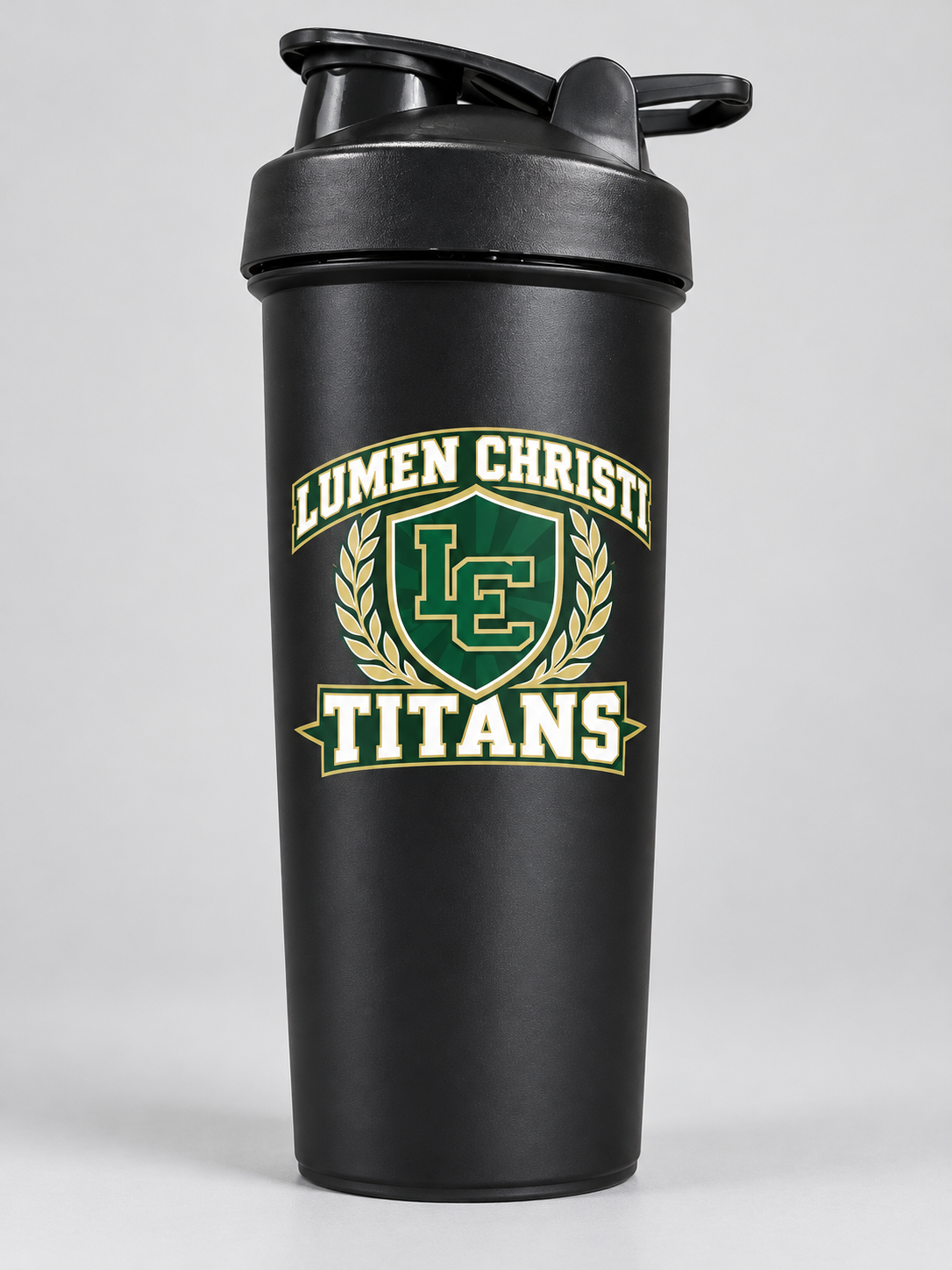 Lumen Christi Titans black shaker cup mockup; listing is a bulk pack of 120 matching cups