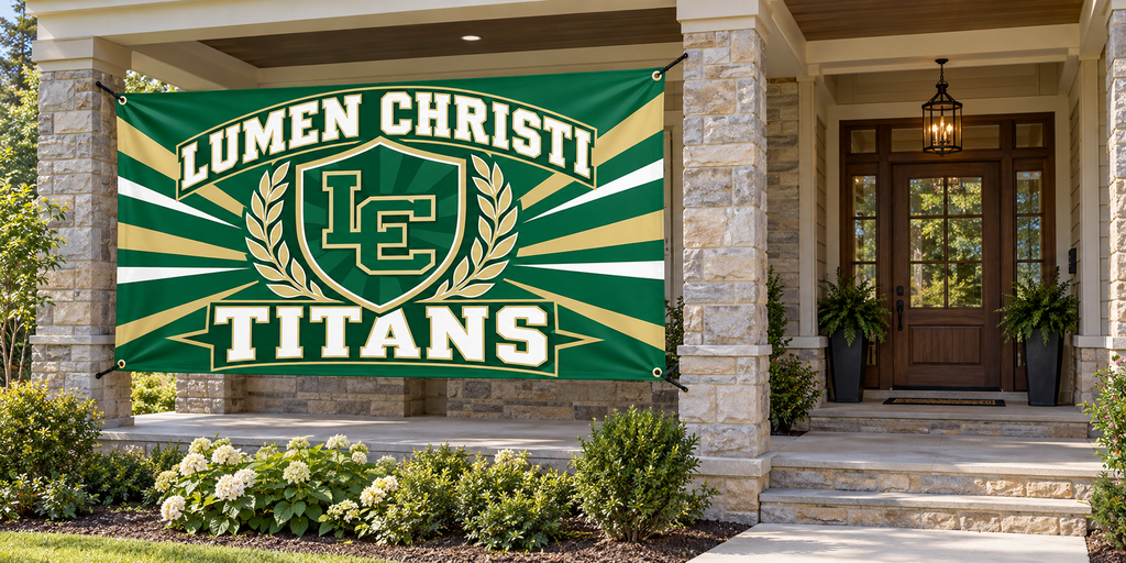 Lumen Christi Titans 4 by 8 foot banner tied through all four corner grommets beside an open entrance
