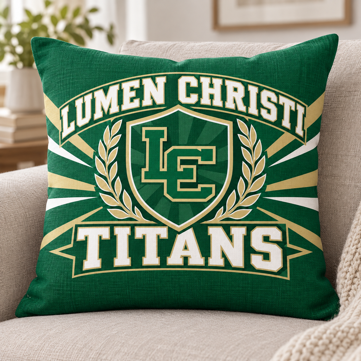 Lumen Christi Titans square pillow cover mockup shown on an insert; insert not included