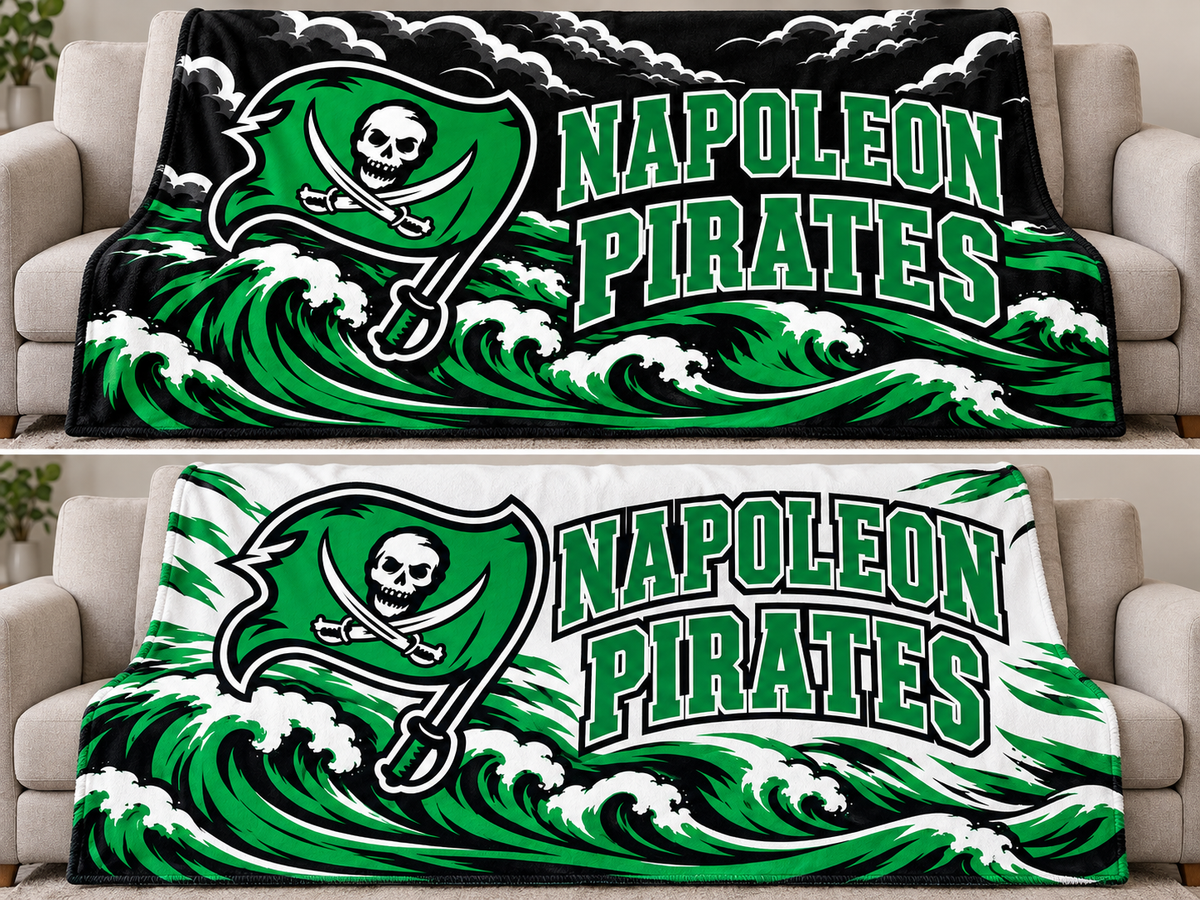 Napoleon Pirates 79 by 59 inch blanket mockups, black design above and white design below; choose one design