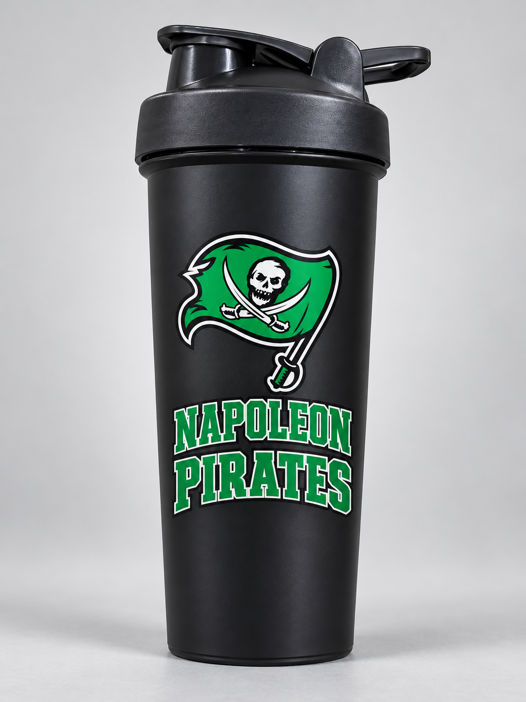 Napoleon Pirates black shaker cup mockup; listing is a bulk pack of 120 matching cups