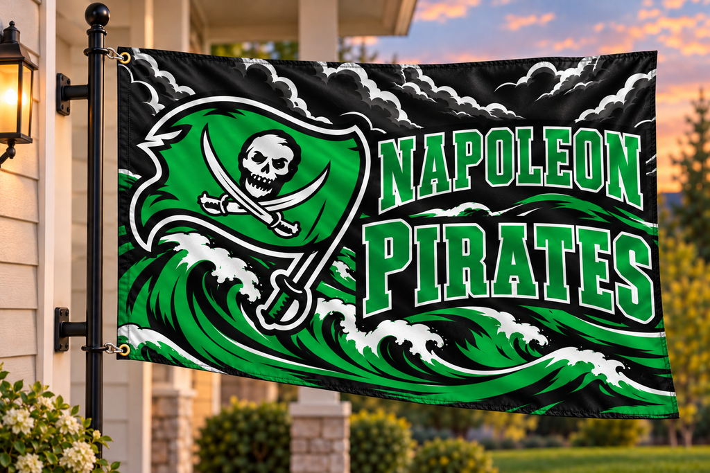 Napoleon Pirates flag mockup with both left grommets clipped directly to house-mounted pole