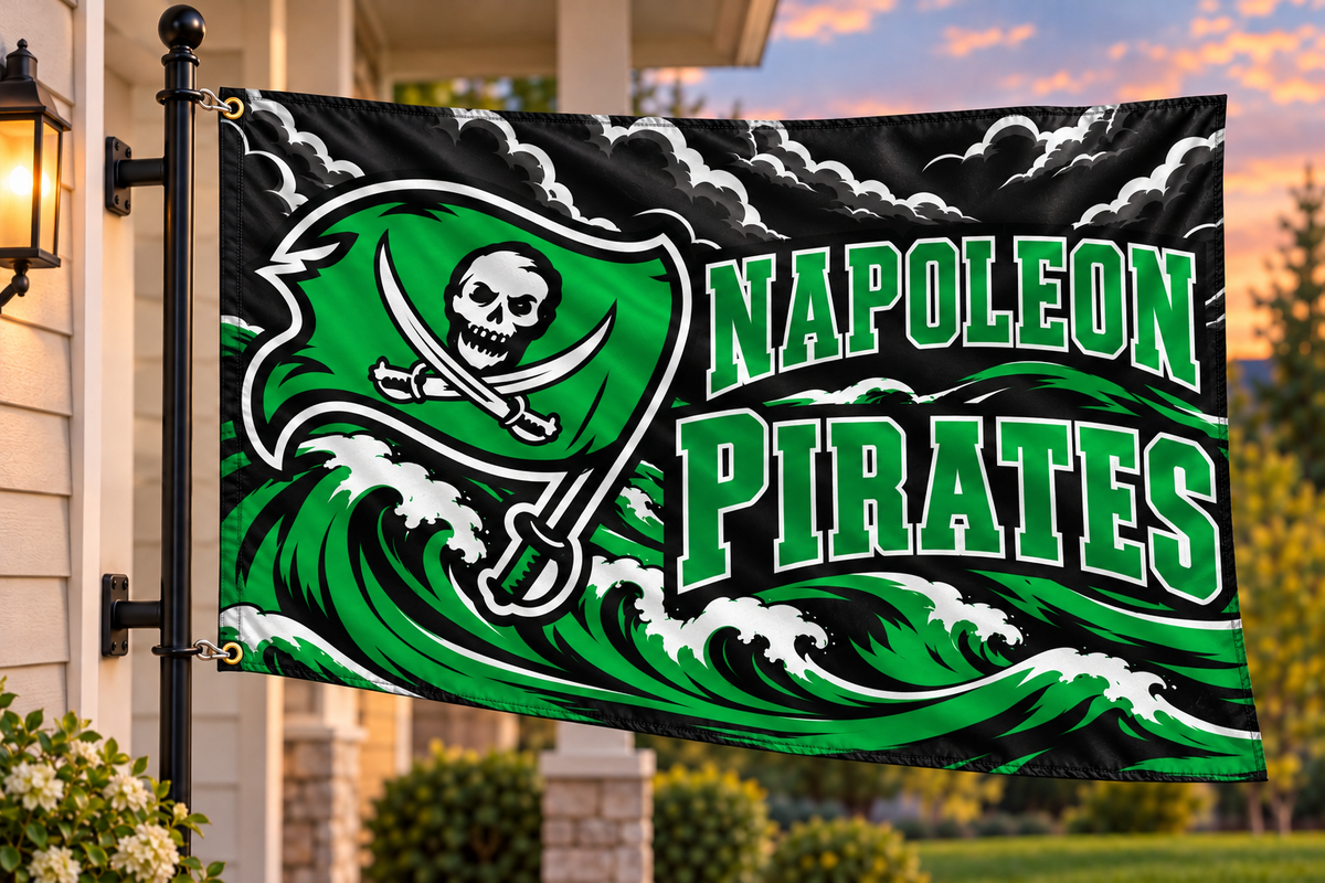 Napoleon Pirates flag mockup with both left grommets clipped directly to house-mounted pole