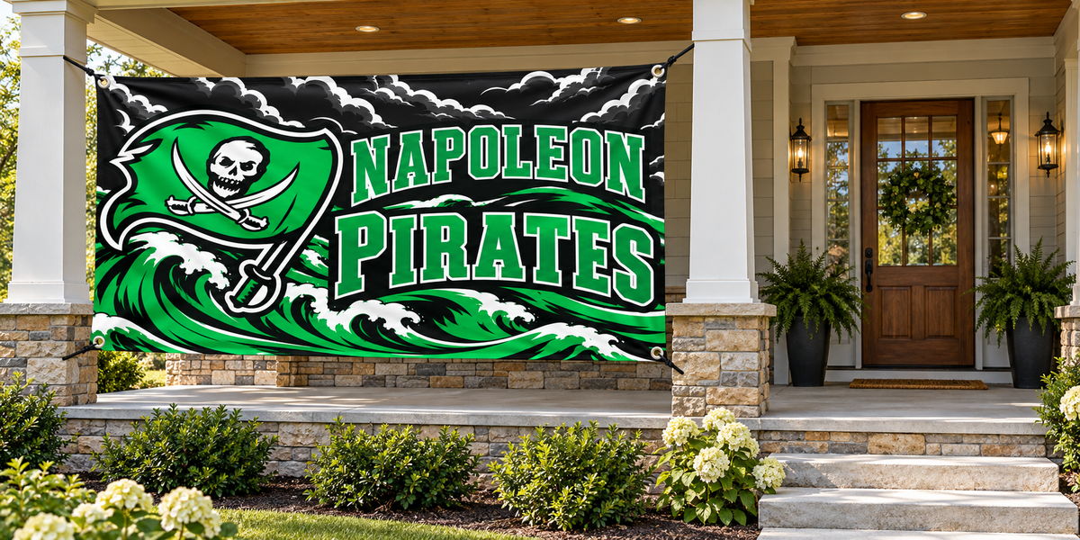 Napoleon Pirates 4 ft by 8 ft banner mockup with four corner grommets in side porch bay, leaving entrance clear