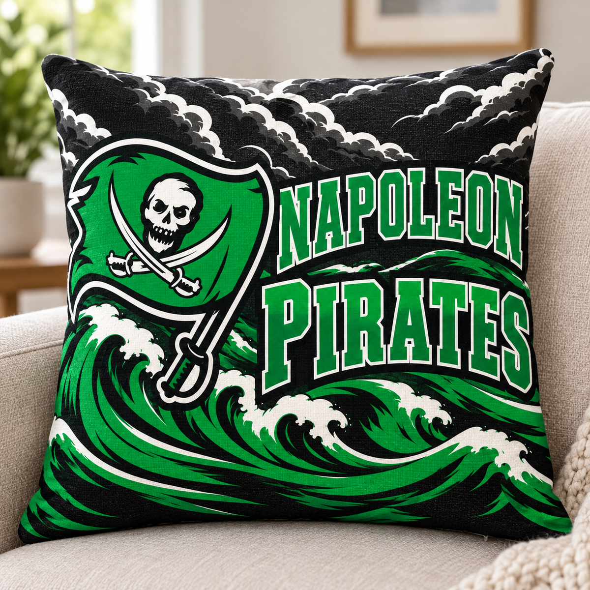 Napoleon Pirates square pillow cover mockup shown on an insert; insert not included