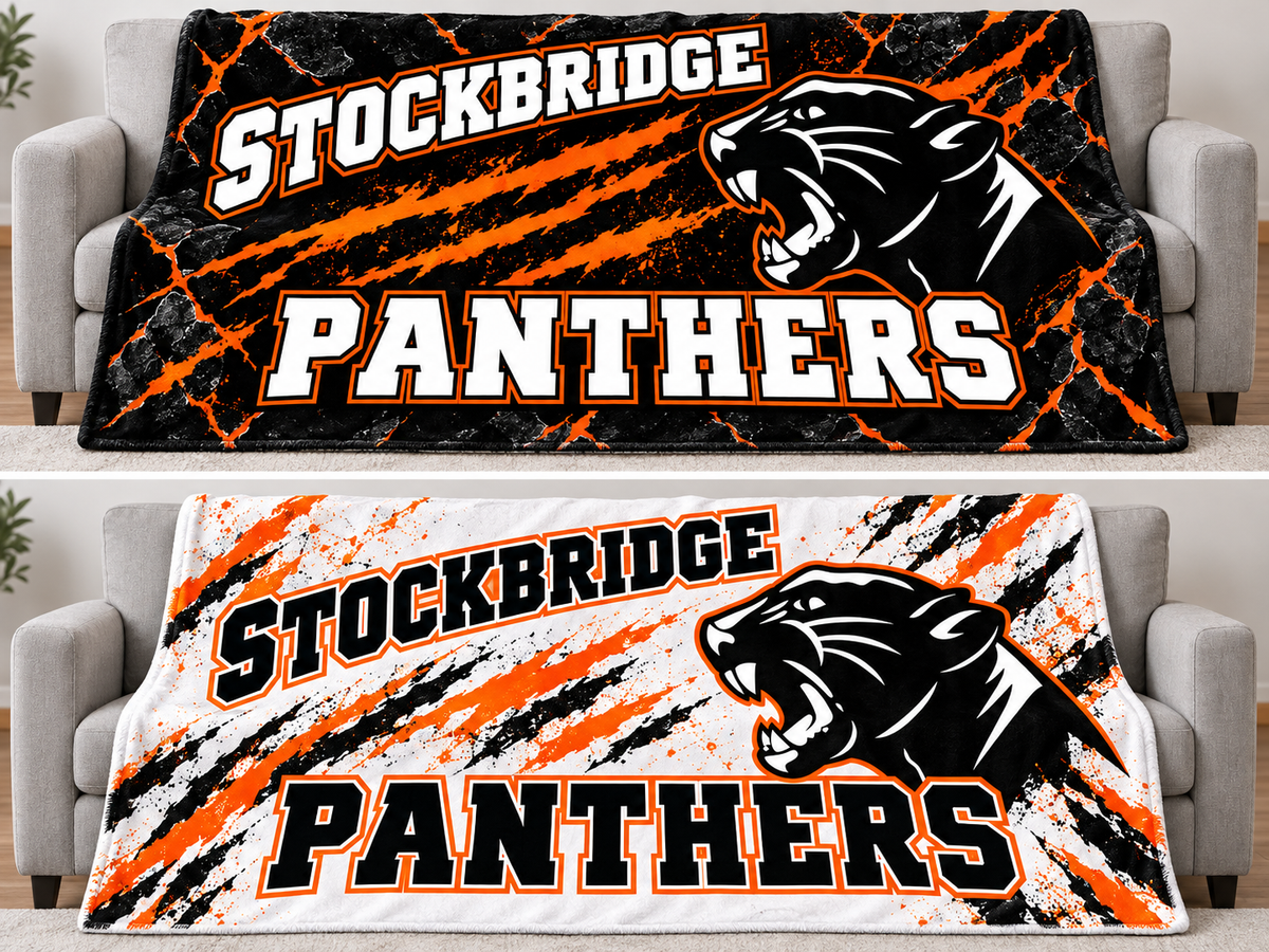 Stockbridge Panthers 79 by 59 inch blanket mockups, black design above and white design below; choose one design