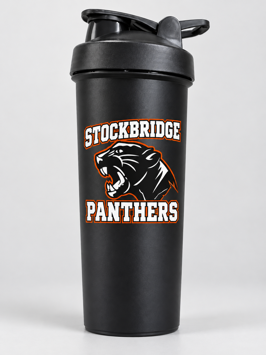 Stockbridge Panthers black shaker cup mockup; listing is a bulk pack of 120 matching cups