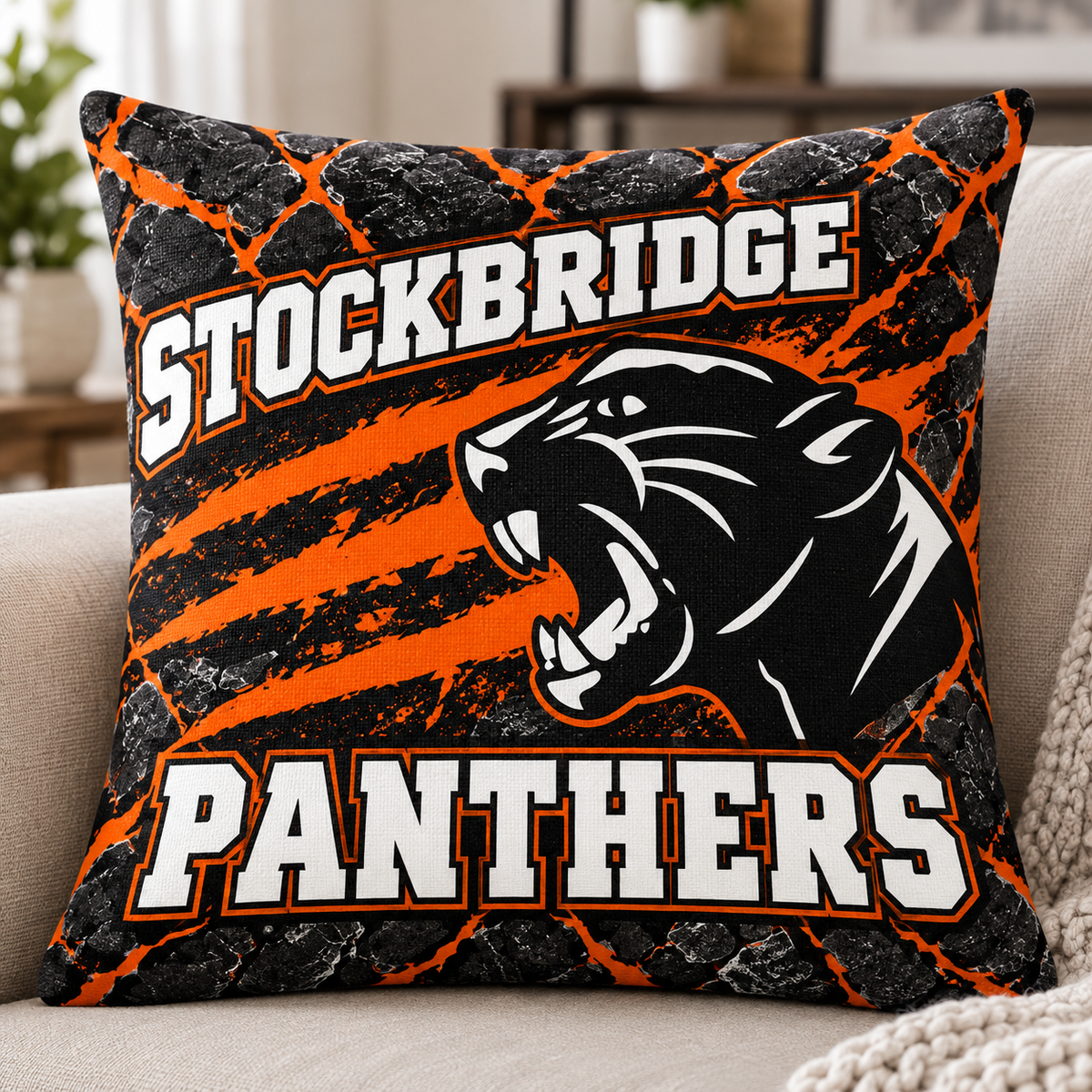 Stockbridge Panthers square pillow cover mockup shown on an insert; insert not included
